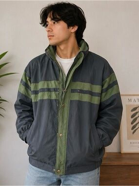 Vintage Tommy Hilfiger Hooded Windbreaker Jacket Mens Large Blue Green Y2K 90s